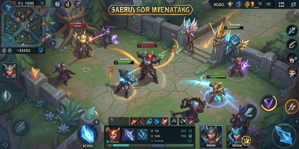 Tangkapan layar gameplay intens di arena pertarungan MOBA.