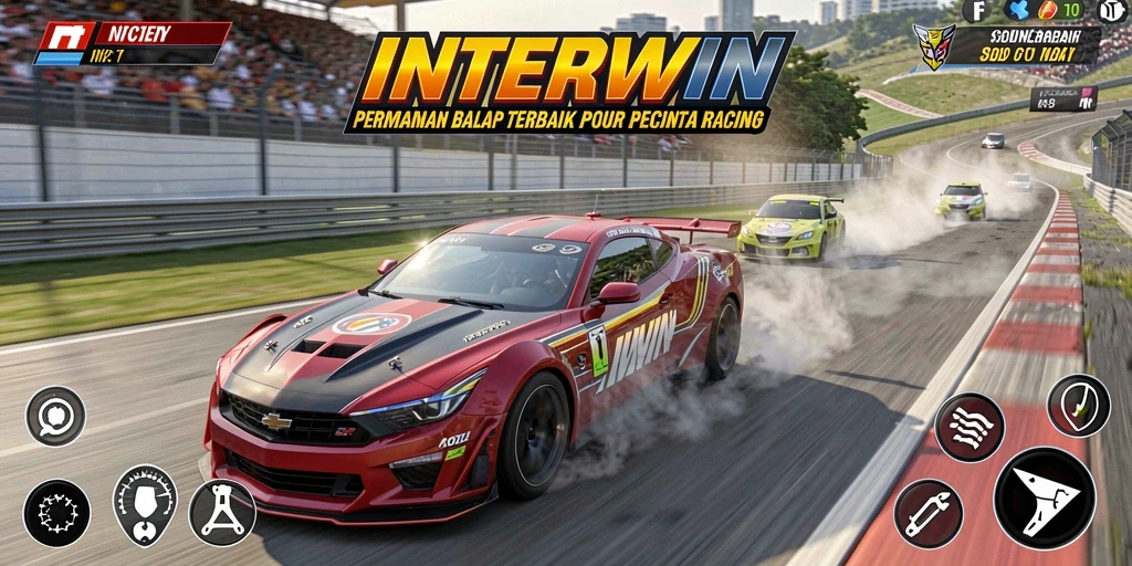 Screenshot gameplay INTERWIN dengan mobil balap melaju kencang di trek.
