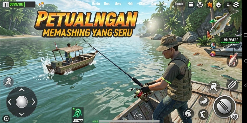 Screenshot gameplay JOS77 menampilkan karakter menangkap ikan di danau yang indah.