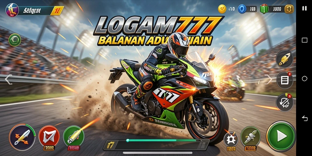 Gameplay seru LOGAM777 menampilkan aksi balapan motor yang mendebarkan.