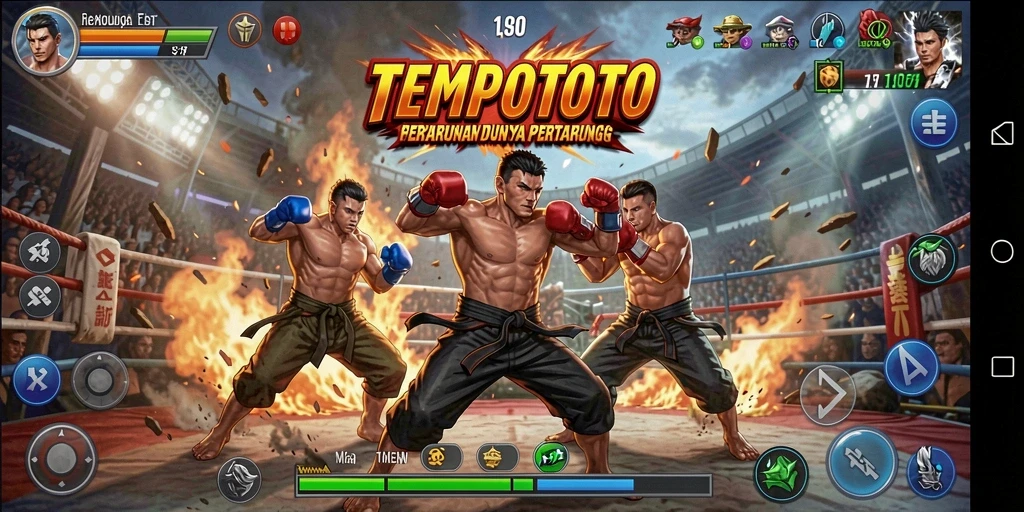 Screenshot TEMPOTOTO menampilkan pertarungan epik antara karakter dengan efek visual yang menarik.